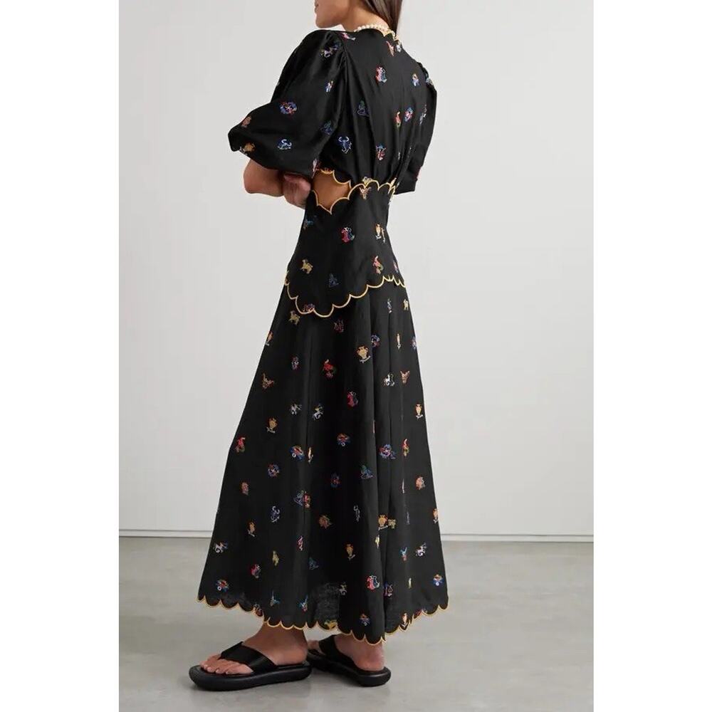 FARM RIO Cutout Scalloped Embroidered Linen Blend Midi Dress Size M - Picture 5 of 9